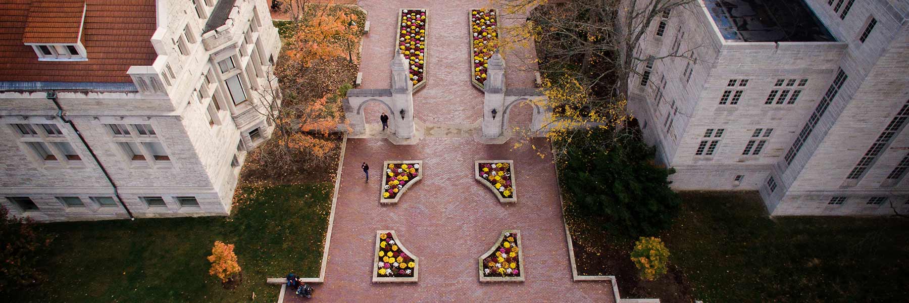 Aerial view of the historic Sample Gates on the Indiana University Bloomington campus. 