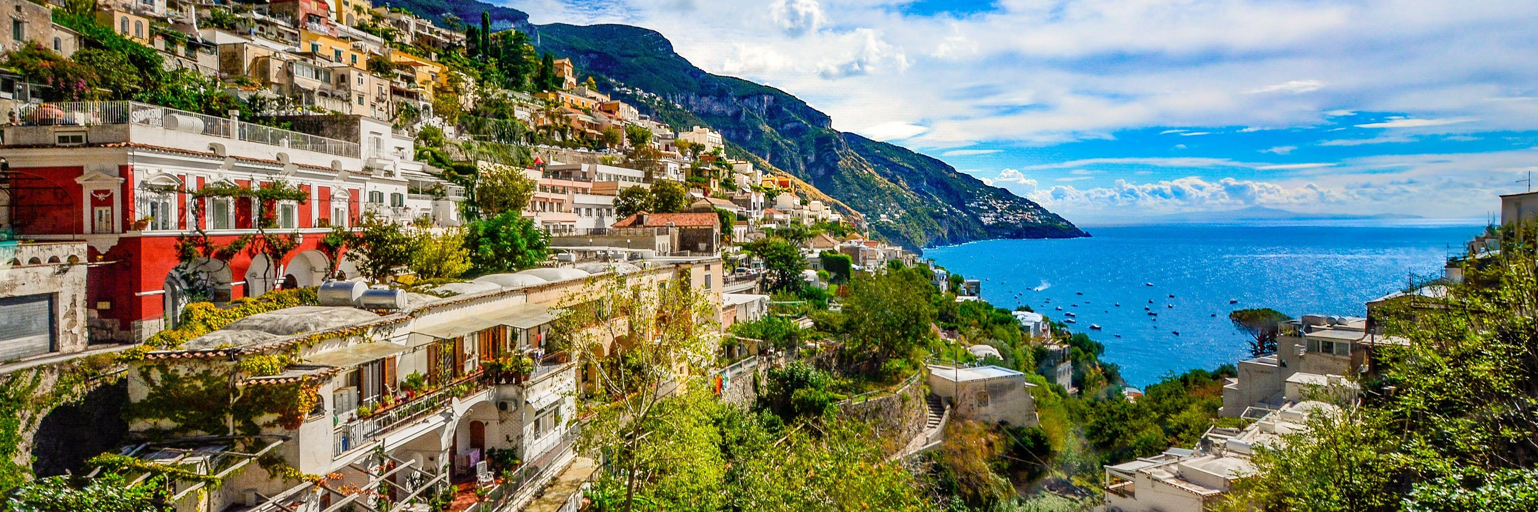 Colorful hillside overlooking the water in Salerno, Italy. 