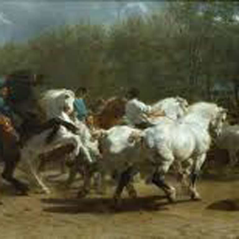 Painting of men riding horses.